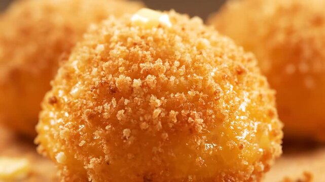 Extreme Macro Close-Up of Crunchy Golden Deep-Fried Dessert Ball or Fritter, Topped with Sweet Breadcrumbs and Glaze, Highlighting Delicious Texture and Appearance.