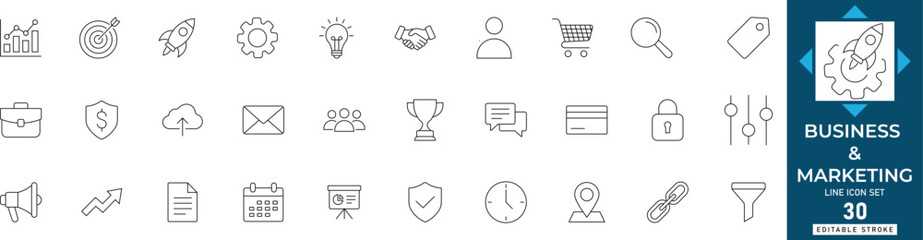 Business and marketing line icon set featuring advertising, strategy, growth, branding, market, analytics, and commercial. Professional editable vector set for business. © MdAzizar