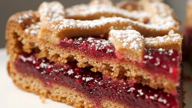 Extreme Close-Up of Linzer Torte Slice Revealing Layers of Crumbly Pastry and Rich Raspberry Jam Filling with Powdered Sugar Lattice Top.