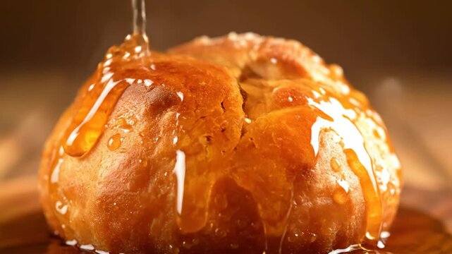 Macro close-up of sweet, hot golden pastry being slowly drizzled and soaked with thick, rich honey or golden syrup, emphasizing delicious baking and dessert temptation.