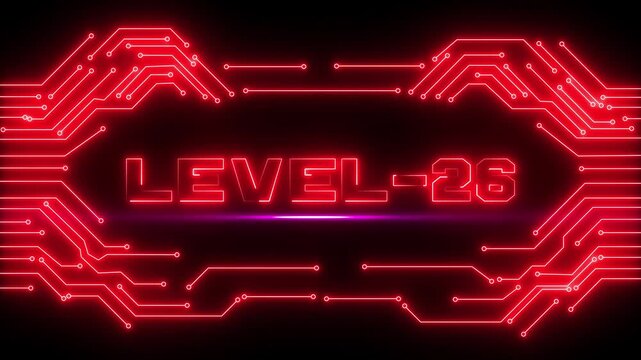 Professional Level 26 Gaming Achievement with Futuristic Neon Glow and High Tech Virtual Background. Esports, Game Competition and Victory Milestone Concept.