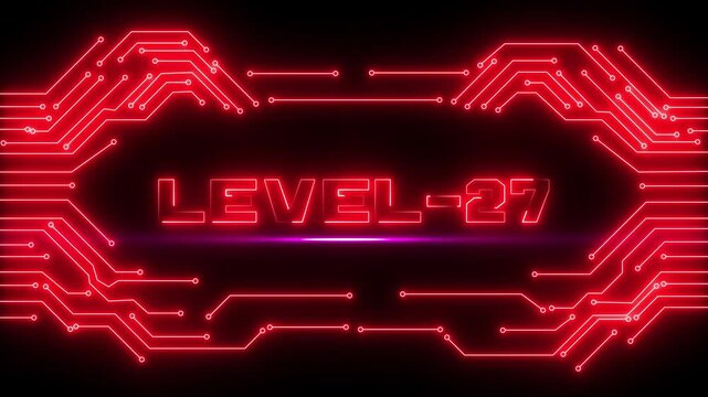 Level 27 Game Progress Interface with Glowing Neon Border and Professional Esports Stage Background. Gaming Mission Success and Digital Level Up Concept.