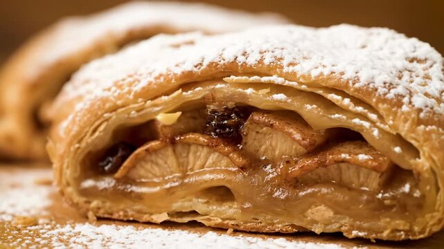 Close-up of Traditional Austrian Apple Strudel Dessert Sprinkled with Powdered Sugar, Showcasing the Flaky Pastry and Sweet Fruit Filling
