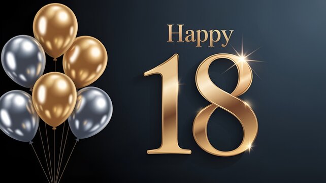 "Happy 18" Gold Lettering with Metallic Gold and Silver Balloons on Dark Background for 18th Birthday Celebration