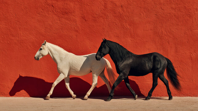 ultra realistic fashion photography of two horses walking side by side