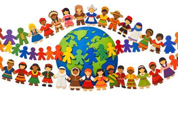Fototapeta premium Global Unity and Cultural Diversity Paper Cut Illustration of Multicultural Children Around Earth for Inclusion and Equality Awareness
