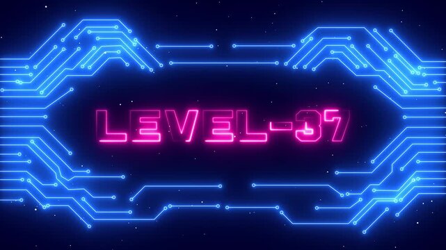 High Tech Level 37 Game Progress Interface with Glowing Neon Frame and Professional Gamer Victory Experience. Cyber Space and Digital Achievement Concept.