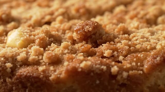 Extreme Close-up Macro Shot of Golden Brown Crumb Cake Topping with Streusel and Embedded Fruit Chunks, Showing Delicious Baked Dessert Texture
