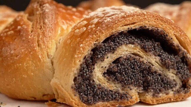 Extreme Close-up of Fresh Baked Poppy Seed Roll Bread Showing the Sweet Black Filling and Golden Crust Dusted with Powdered Sugar