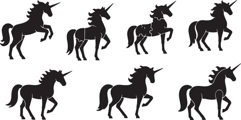 Black Solid Abstract Geometric Unicorn Silhouettes Set of Six on White Background