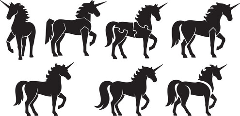 Black Solid Abstract Geometric Unicorn Silhouettes Set of Six on White Background