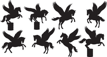Black Solid Acrobatic Pegasus Silhouettes Set of Six on White Background © AADIL