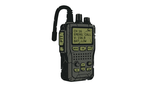 Handheld radio transceiver with antenna and screen on white background