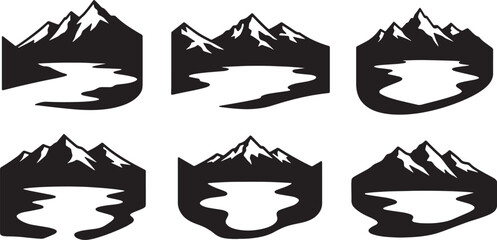 Fototapeta premium Black Solid Alpine Lake Peak Silhouettes Set of Six on White Background