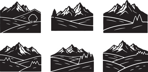 Black Solid Alpine Meadow Peak Silhouettes Set of Six on White Background © AADIL