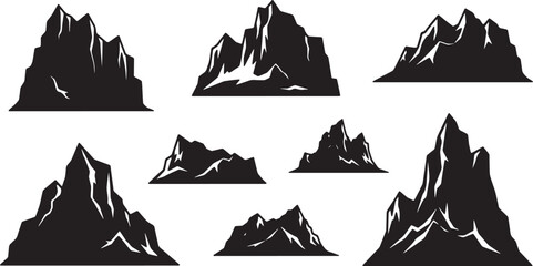 Black Solid Arctic Iceberg Mountain Silhouettes Set of Six on White Background © AADIL