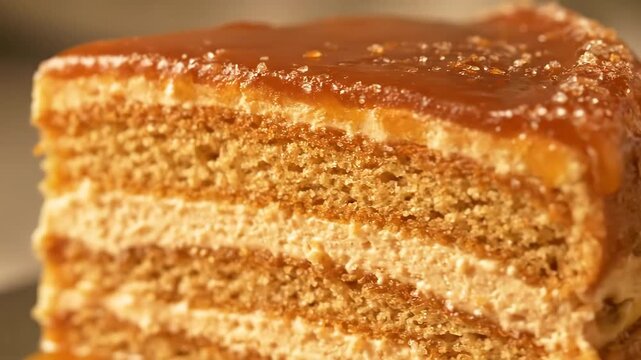 Decadent Close-Up of Layered Honey Cake (Medovik) Slice Topped with Dripping Caramel Glaze and Sparkling Sugar Crystals