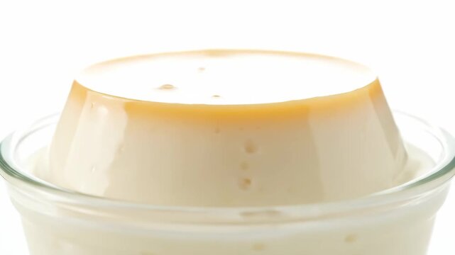 Close-up view of a smooth custard pudding (flan or cr&egrave;me caramel) topped with shiny caramel sauce, isolated on a clean white background.
