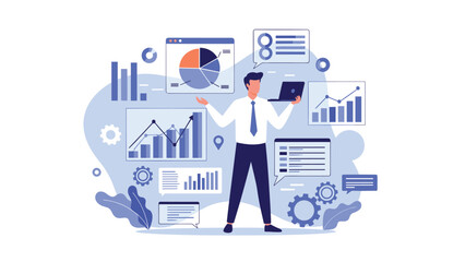 Naklejka premium Expert data scientist or manager orchestrating complex business information through interactive digital charts and graphs.