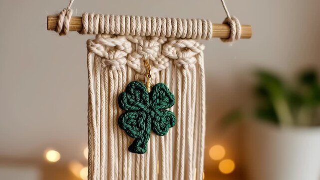 Saint patrick day shamrock macrame wall hanging decor handmade cotton rope tapestry, green clover charm on wooden dowel, cozy boho interior soft light, blurred plant bokeh background