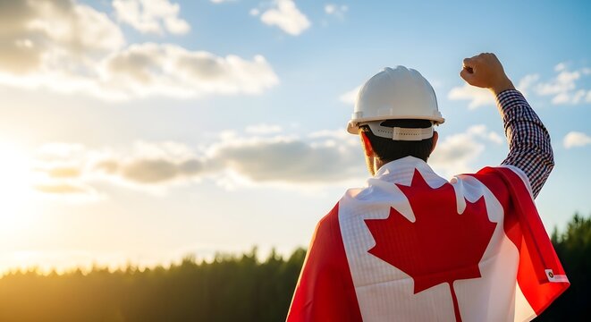 Man wearing a canada flag and a hard hat with his fist raised in celebration outdoors during sunset