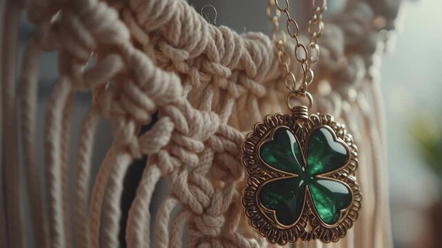 Shamrock pendant necklace green gold macrame rope saint patrick day holiday clover jewelry in soft window light, boho decor hanging on woven textile with bokeh background, festive lucky charm