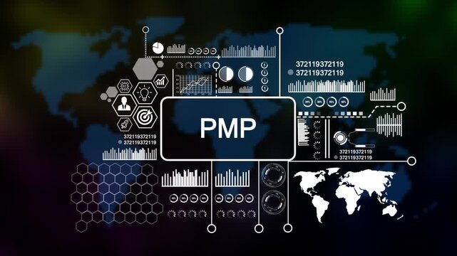 Business, Technology, Internet and network concept. Enterprise resource planning PMP concept, Abstract technology symbols on Futuristic Technology world map Background. 4k
