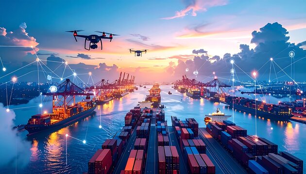Aerial view of cargo ships and drones at a bustling port during sunset