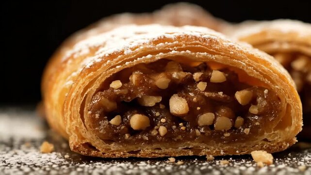 Macro Close-up of Golden Flaky Puff Pastry Dessert Filled with Chopped Nuts and Glaze, Dusted with Powdered Sugar Against a Dark Background