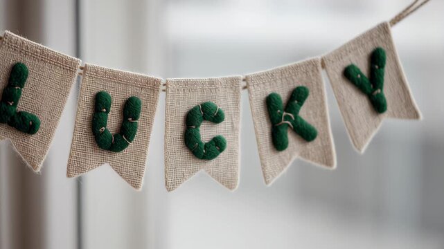Saint patrick day banner lucky green burlap garland decoration, irish rustic stitched letter bunting flags hanging by window light, cozy festive home party celebration decor