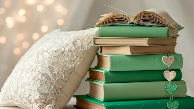 Saint patrick day green book stack with open page, lace pillow, heart garland ornament, soft bokeh light cozy reading corner on wooden table, vintage hardcover festive home decor glow