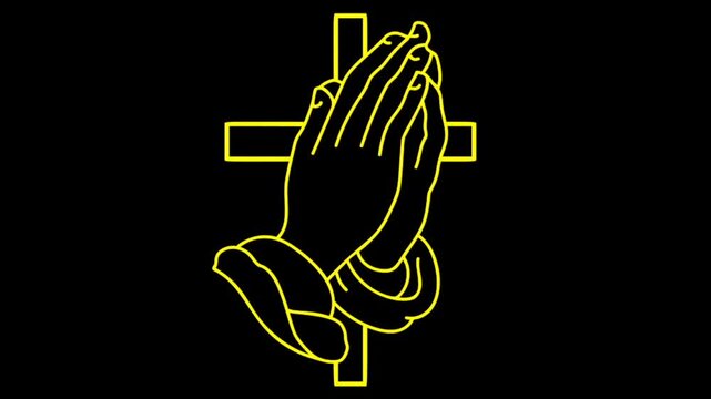 Line Art Illustration of Praying Hands with Cross Symbol on Black Background