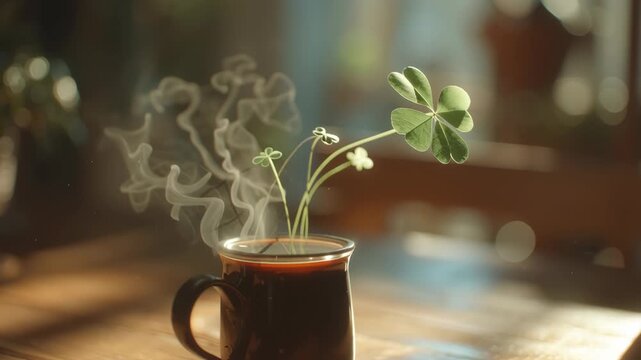 Coffee mug steam with shamrock clover in sunlight on wooden table, cozy kitchen morning scene for saint patrick day celebration, warm glow bokeh, fresh sprout rising from hot drink