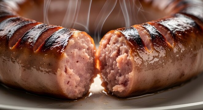 Close Up Crispy Bratwurst, Grilled Char Marks Casing Split, Juicy Interior Peek, Perfectly Grilled Sausage Macro Detail