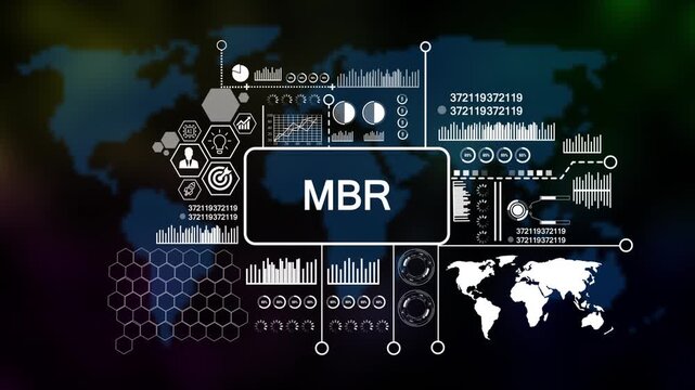 Business, Technology, Internet and network concept. Enterprise resource planning MBR concept, Abstract technology symbols on Futuristic Technology world map Background. 4k