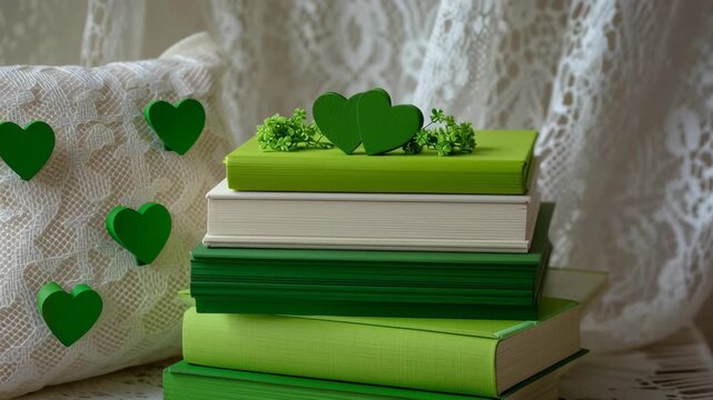 Saint patrick day green book heart stack with lace pillow, vintage holiday decoration still life on table, textured fabric, soft light cozy home interior reading concept shamrock romance