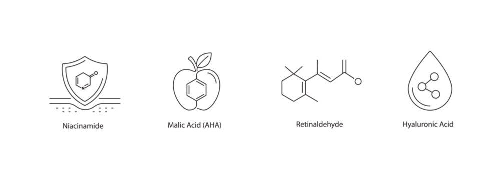 Active Skincare Ingredient Icons: Niacinamide, Malic Acid, Retinaldehyde, Hyaluronic Acid