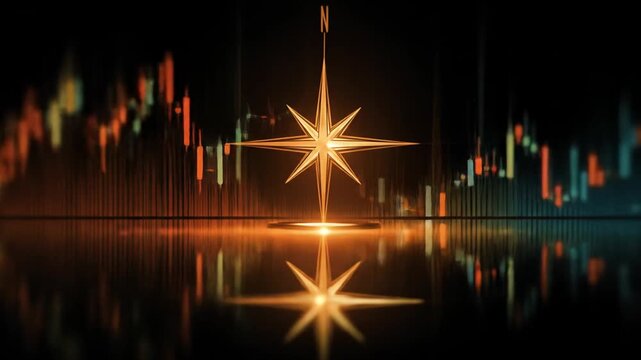 Glowing compass rose pointing to success amidst blurred financial charts, representing business strategy, market analysis, and economic guidance.