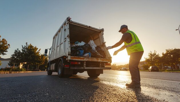 Sanitation worker loading trash into a garbage truck on a sunny day in a suburban neighborhood