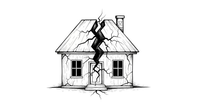 Cracked House Illustration - Symbol of Damage, Crisis, or Disaster