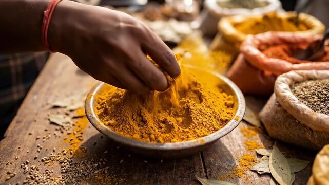 Close-up captures a hand delicately sifting vibrant spices, with a shallow depth of field, inviting the viewer into a world of culinary delights and sensory experiences.