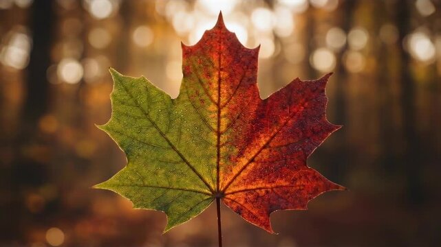 A vibrant maple leaf showcases nature's artistry as it transforms, split between autumnal hues of red and green, offering a captivating view.
