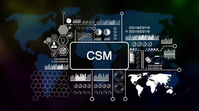 Business, Technology, Internet and network concept. Enterprise resource planning CSM concept, Abstract technology symbols on Futuristic Technology world map Background. 4k