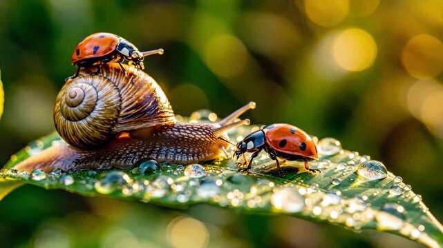 Snail and ladybug on dewy leaf in morning sunlight
