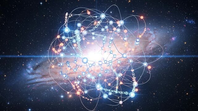 Vibrant atomic structure glowing in deep space with stars and galaxies
