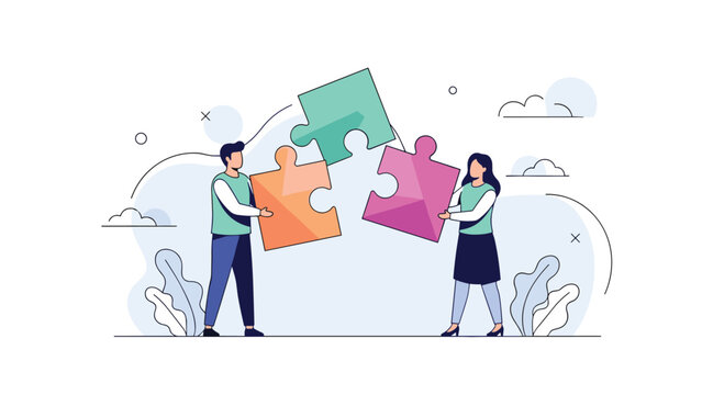 Collaborative team members working together to fit large colorful jigsaw puzzle pieces into a cohesive solution.