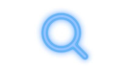 Blue glowing neon magnifying glass search icon vector for website user interface design, digital exploration, and online discovery, isolated on transparent background.
