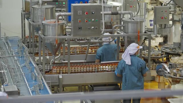 Canned food manufacturing industry, workers operating alongside automated conveyor machinery in a processed food production line