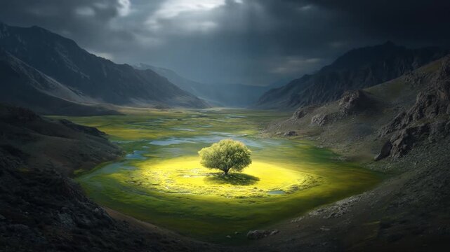 Dramatic sunbeam illuminates a lone, vibrant tree in a glowing green meadow nestled within a majestic, dark mountain valley.