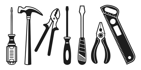 A variety of tools including hammers, screwdrivers, pliers, and wrenches